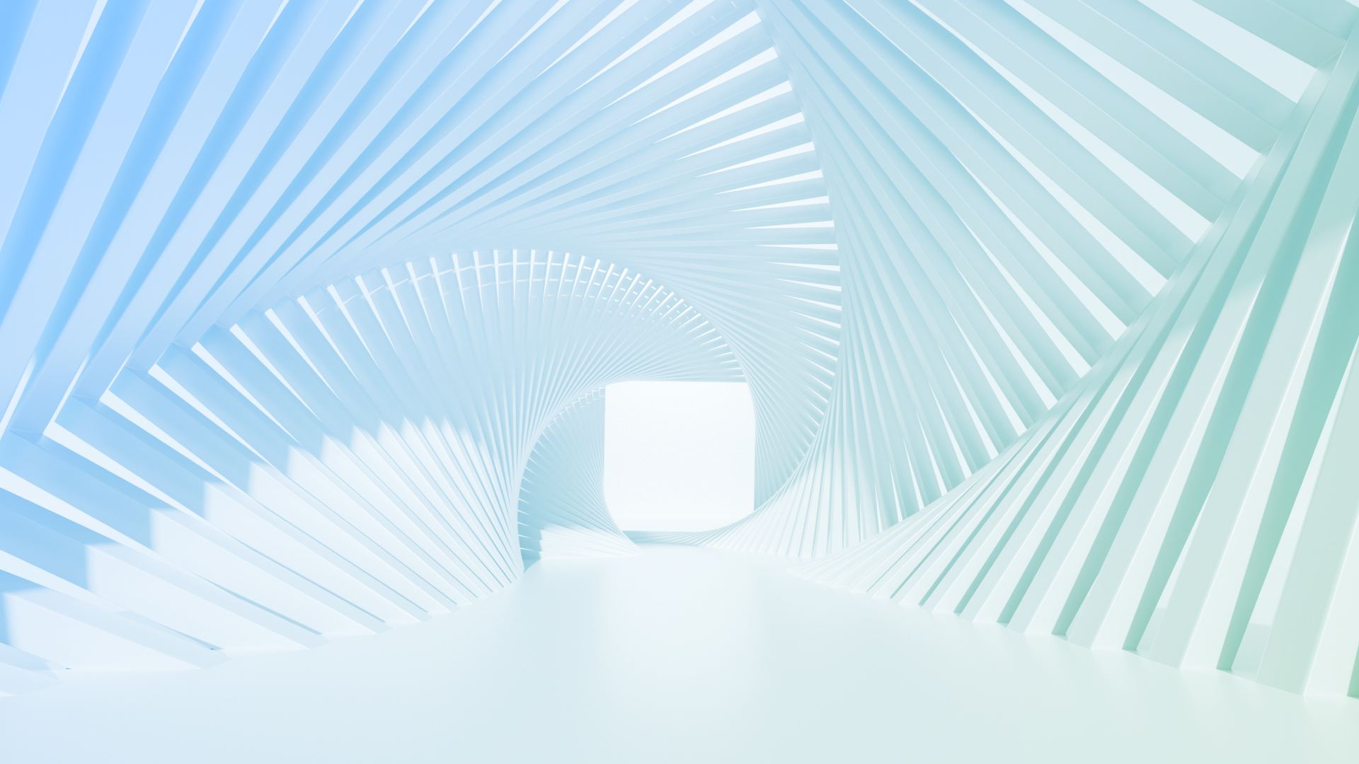 Fanned white fins spiraling around a small cube, washed in the brand palette