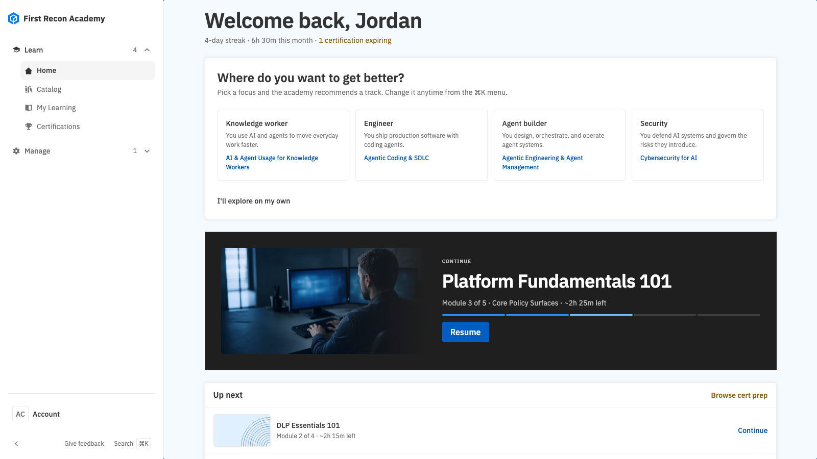 First Recon Academy learner dashboard with role-based tracks and course progress