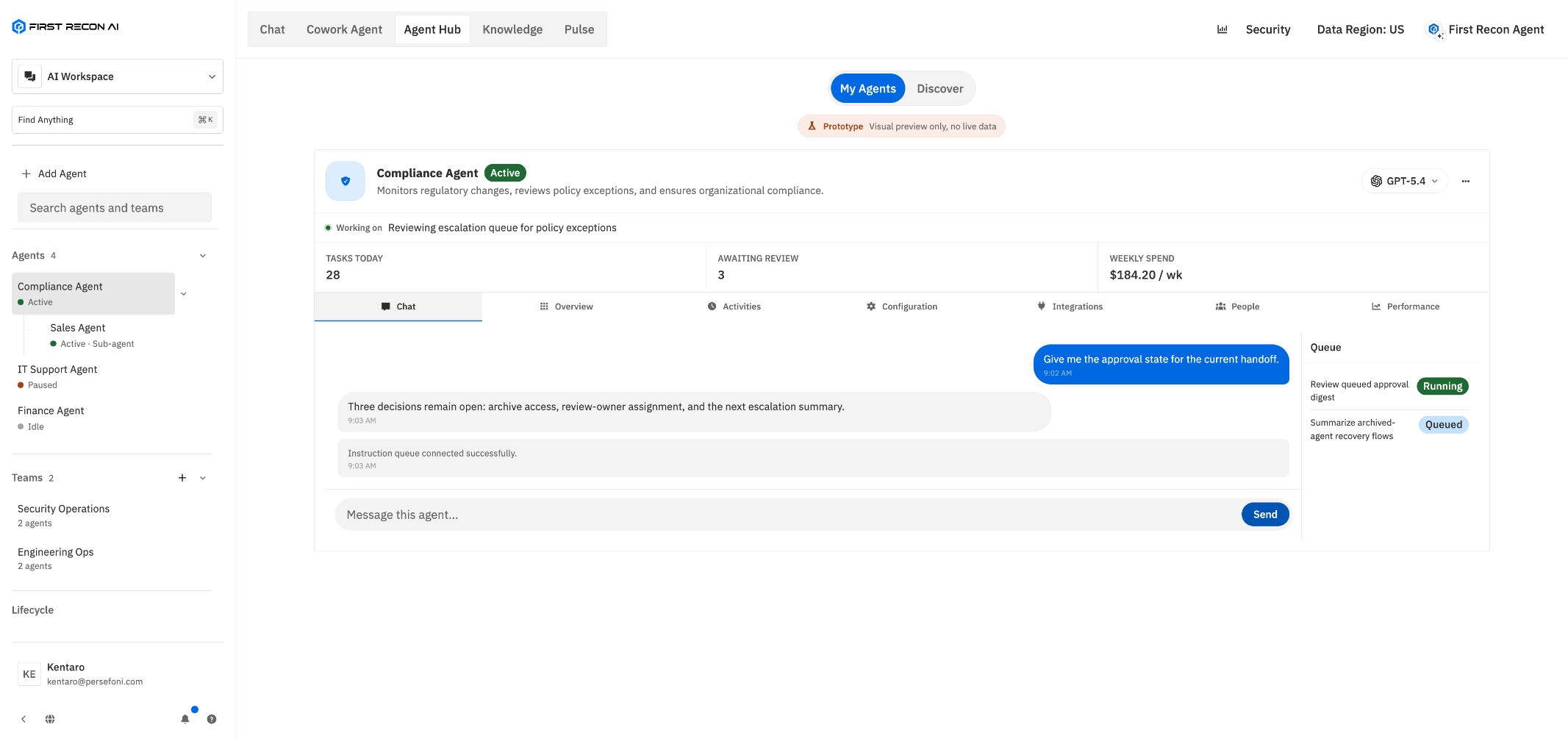 Agent Hub workspace: an active governed agent working through its queue, with the agents available to the team listed for discovery and configuration; every tool call and handoff is governed before it executes
