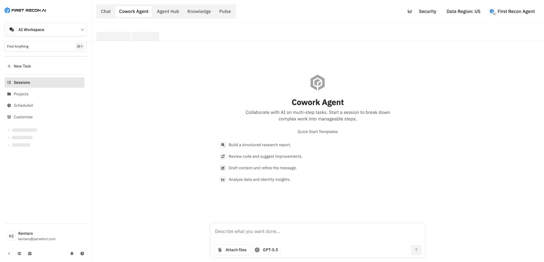 Cowork session in progress: an agent working through a multi-step task with its plan, tool calls, and produced output visible in the governed workspace