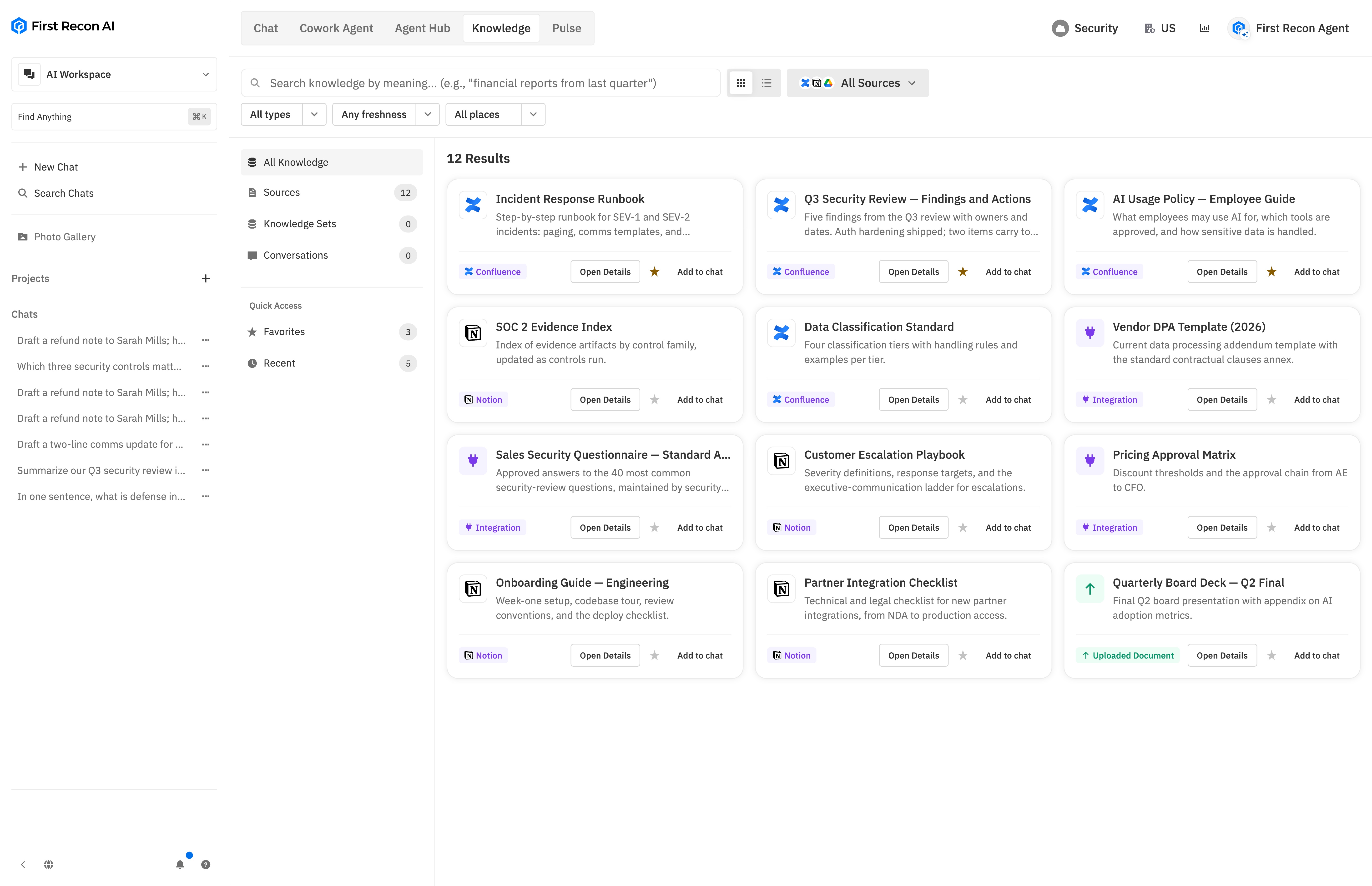 Preview of company knowledge in the workspace