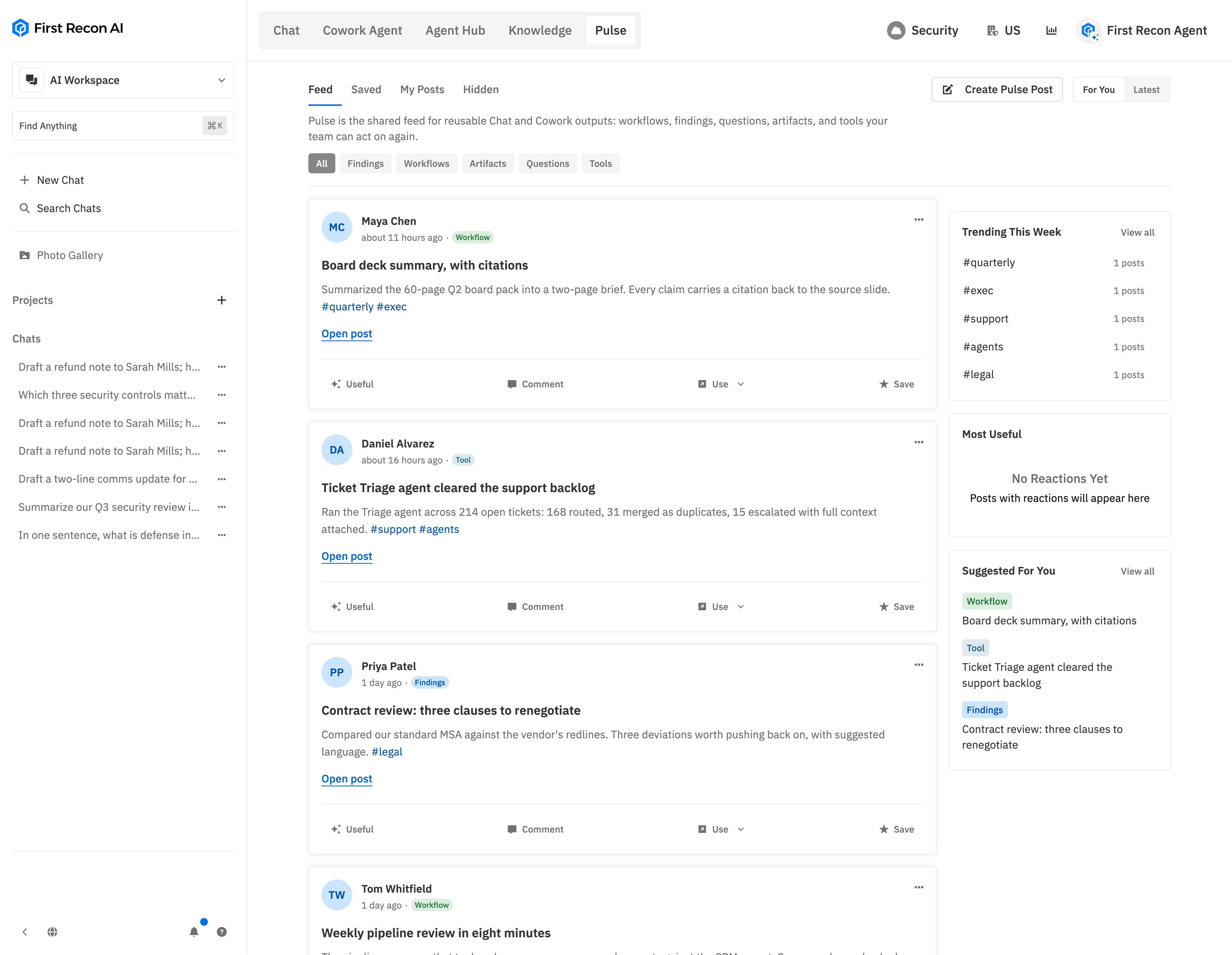 Preview of the Pulse feed in the workspace
