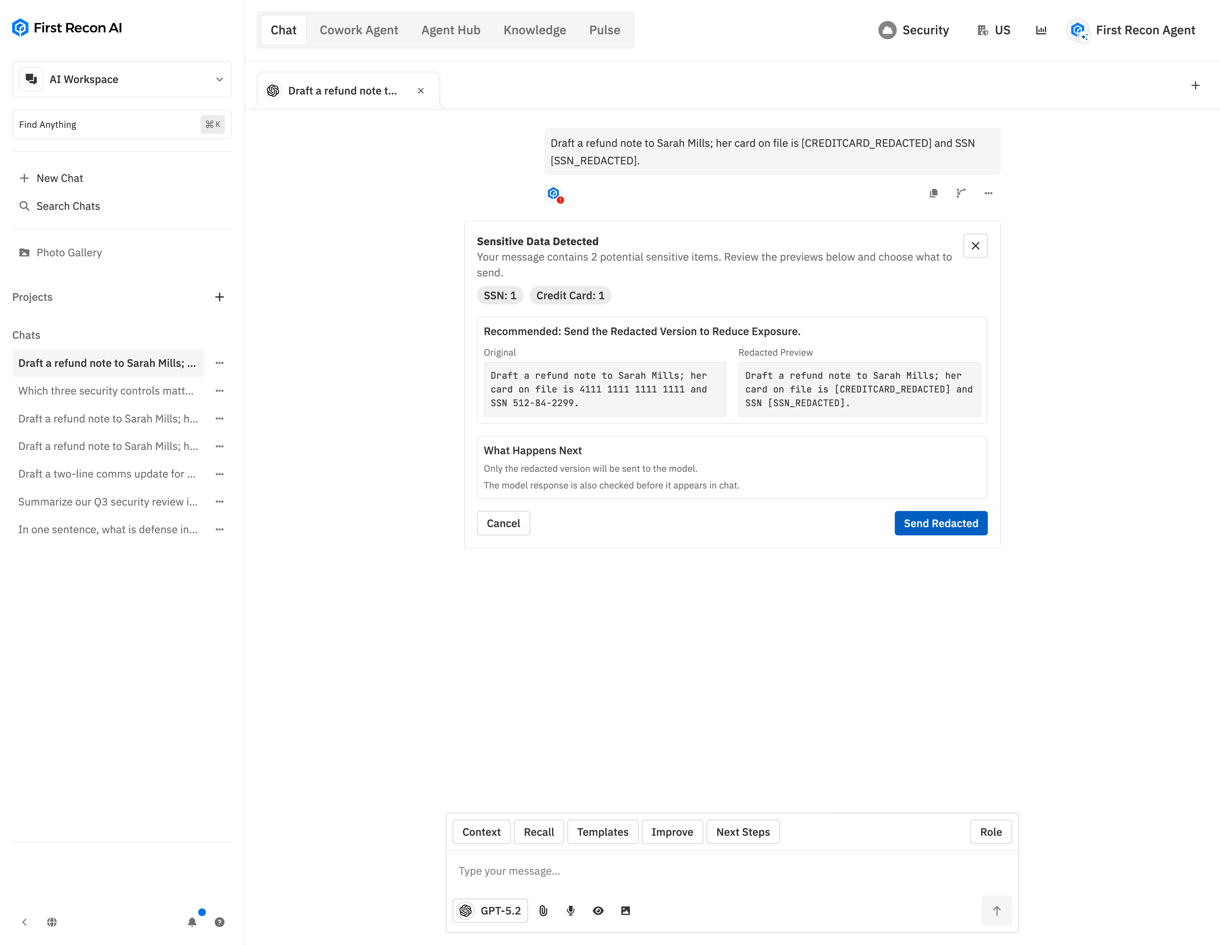 Preview of inline redaction in the workspace