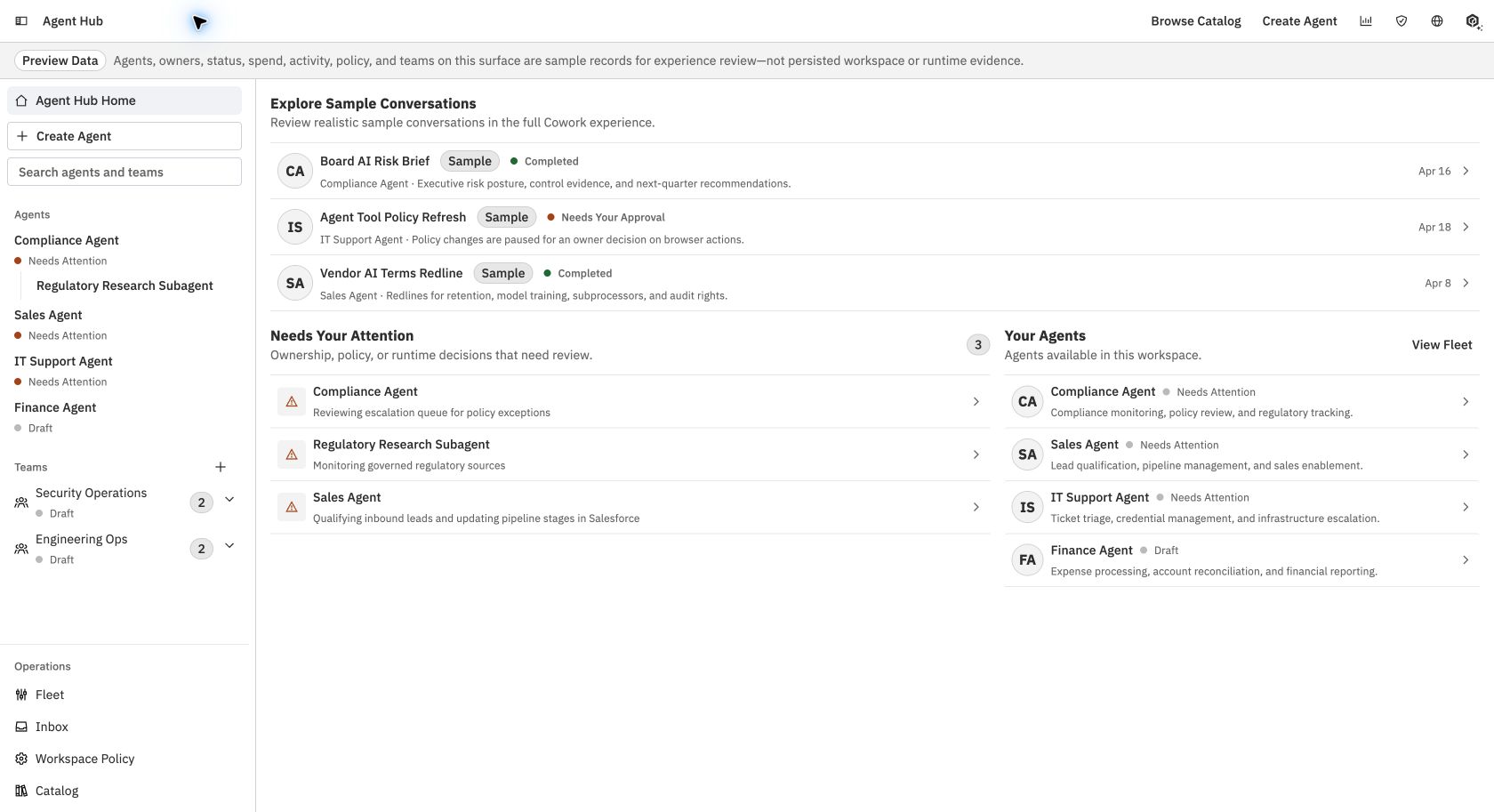 Agent Hub with agents, teams, an attention queue and saved sample conversations