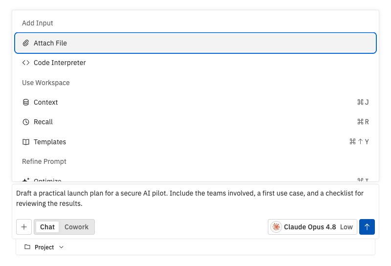 Chat capability menu above the composer with Attach File, Code Interpreter, Context, Recall, and Templates