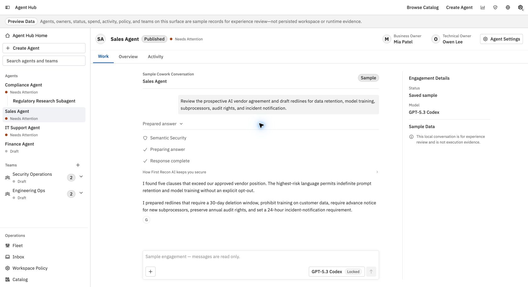 Cowork vendor agreement review showing the request, expanded activity, response and engagement details with sample data