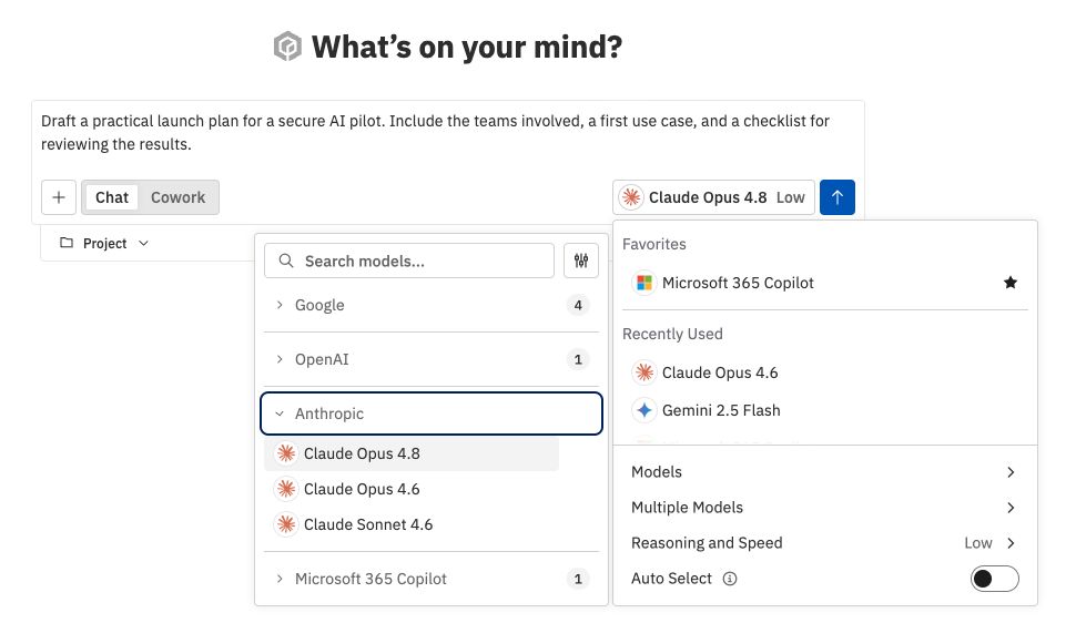 Message composer and model picker with Anthropic expanded, plus Google, OpenAI and Microsoft 365 Copilot provider groups