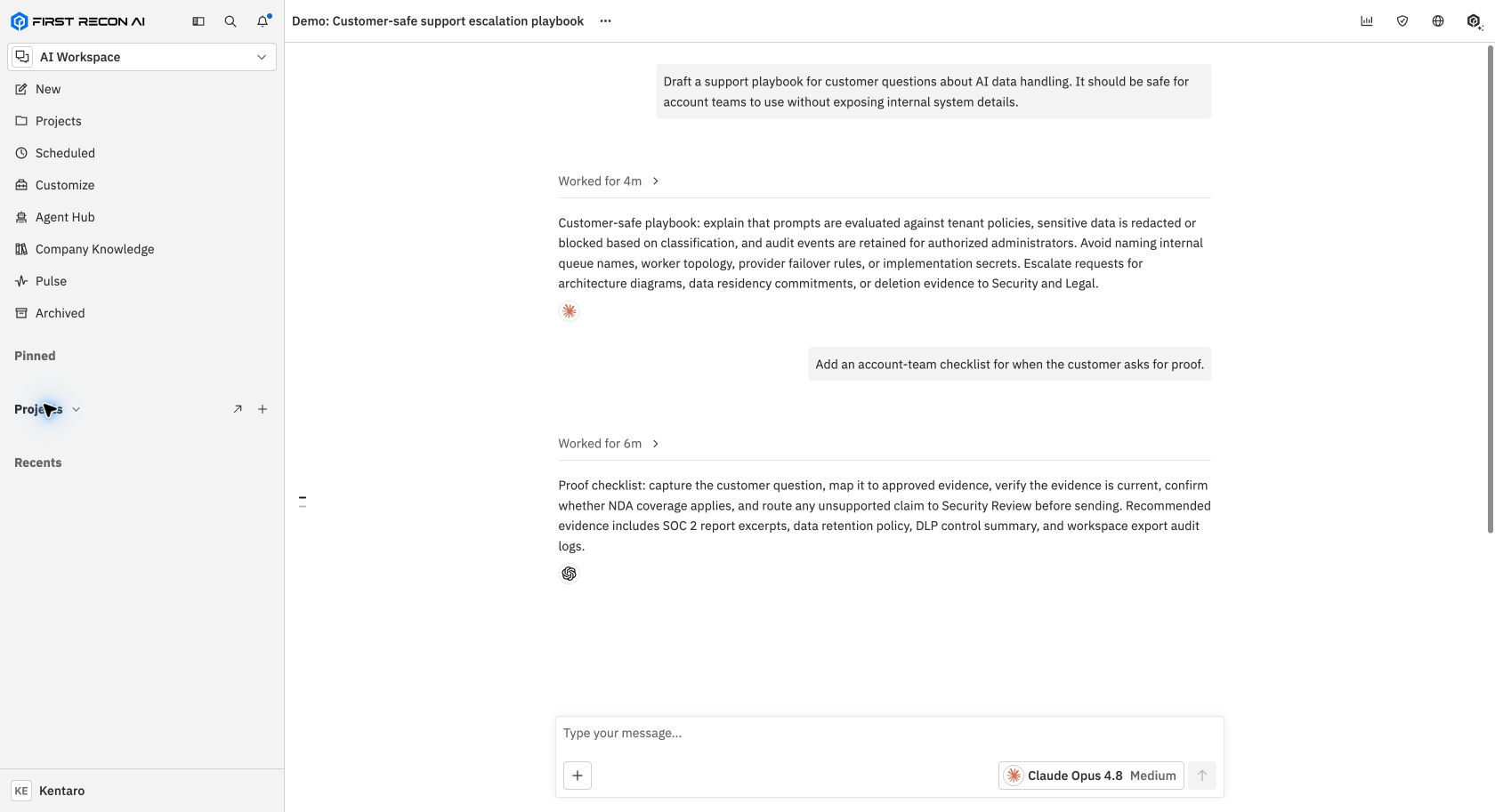 Chat workspace with a support playbook conversation, responses from two models, and the message composer