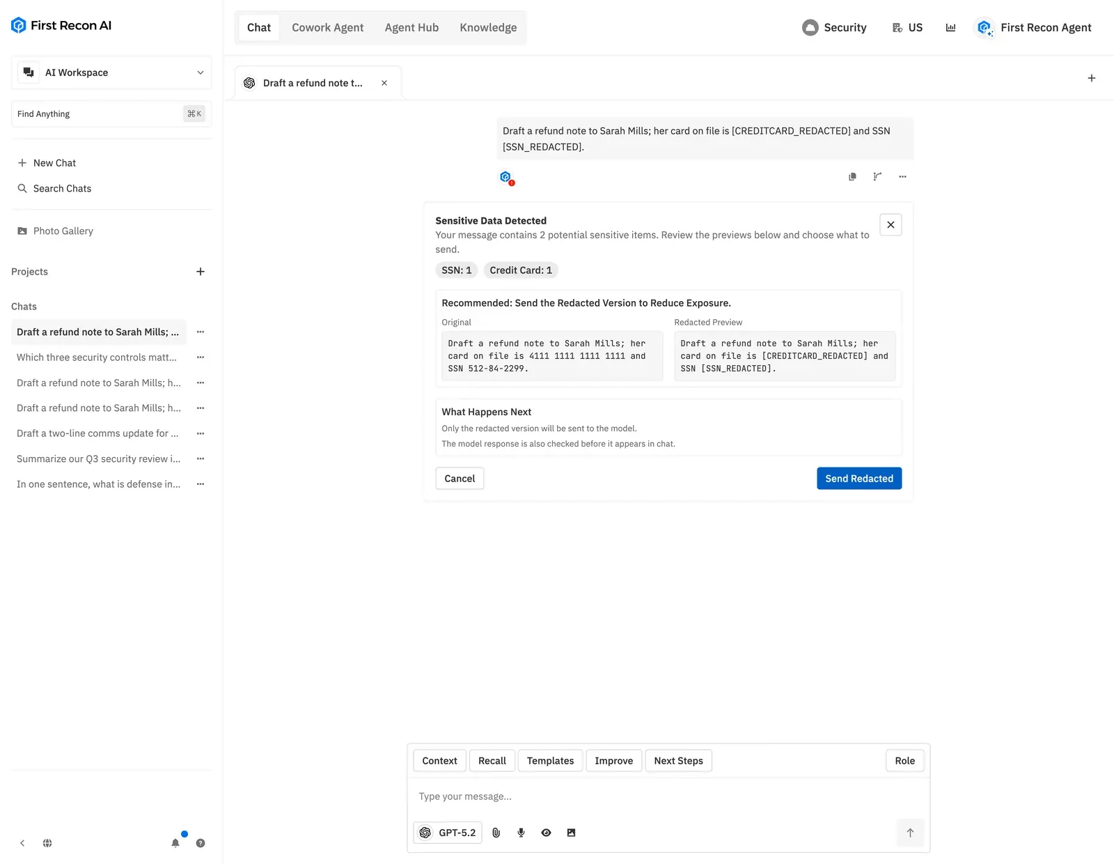 Secure Enterprise AI Workspace chat: a prompt carrying a card number and a Social Security number is caught inline, shown as original vs redacted preview with per-class detection counts and a Send Redacted action